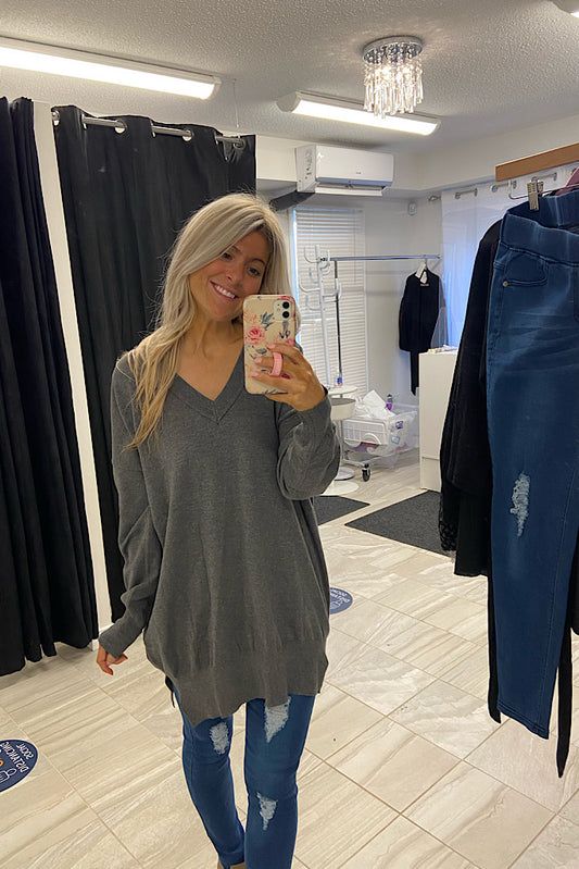 Caught My Eye Charcoal V Neck Soft Sweater