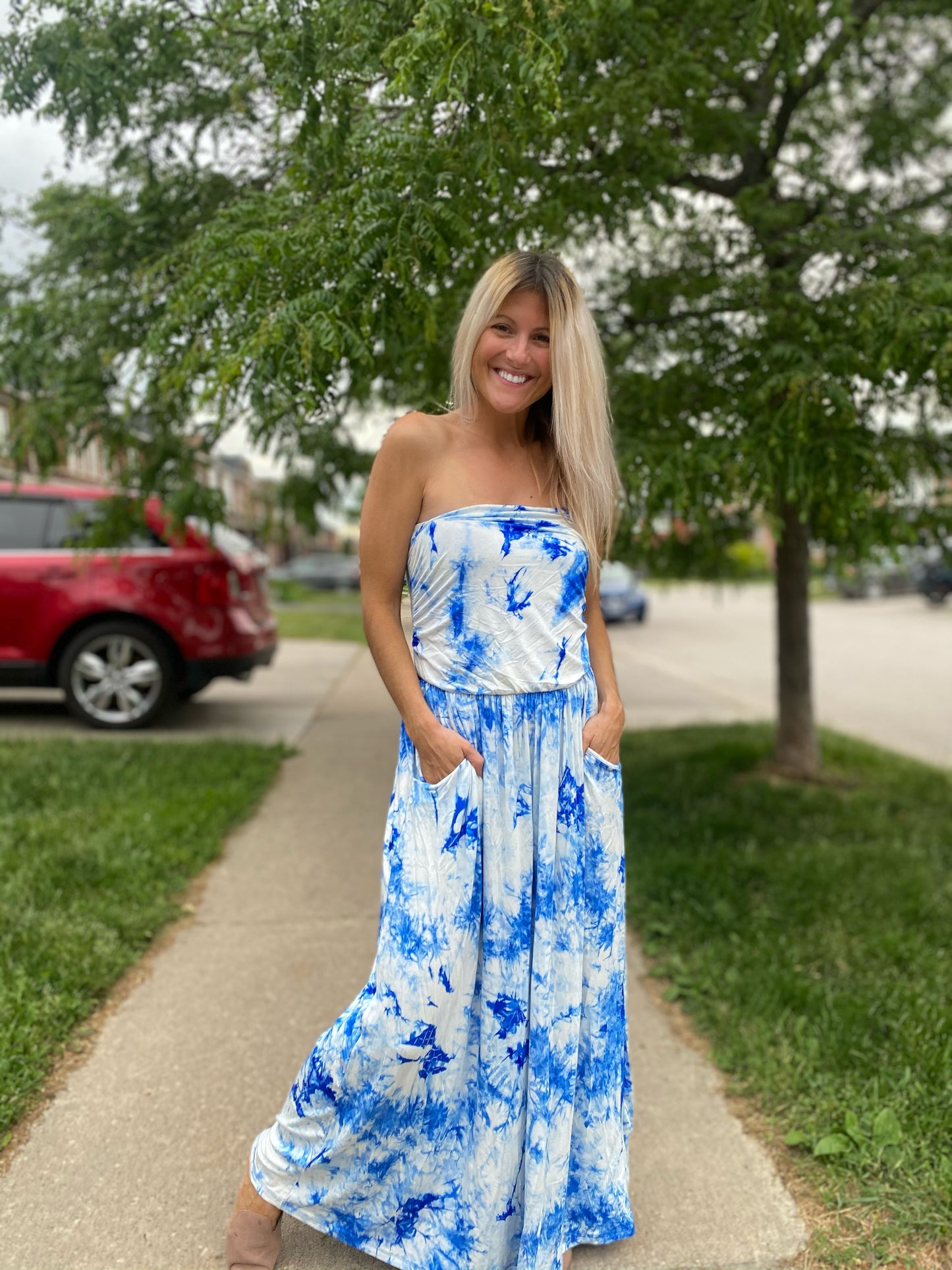 Blue Tie Dye Tube Top Maxi Dress