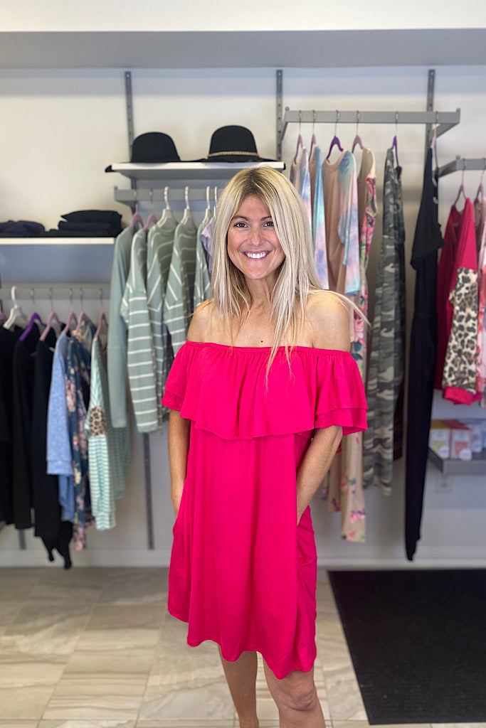 Fuchsia Ruffled Off the Shoulder Dress