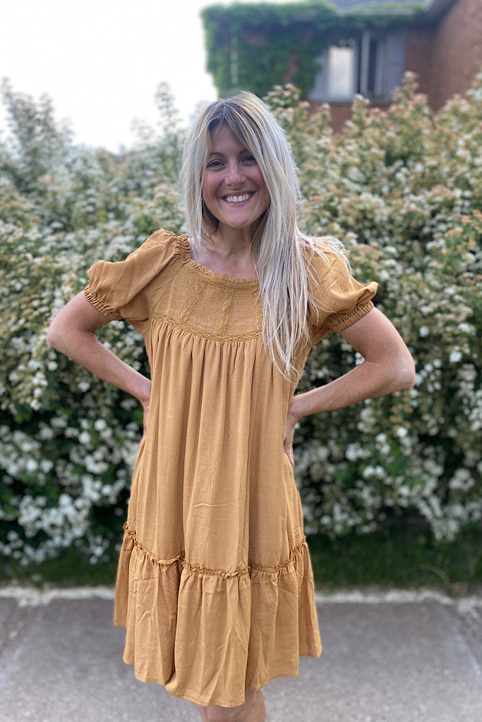 Elite Boho Earthen Gold Smocked Ruffle Dress-SALE