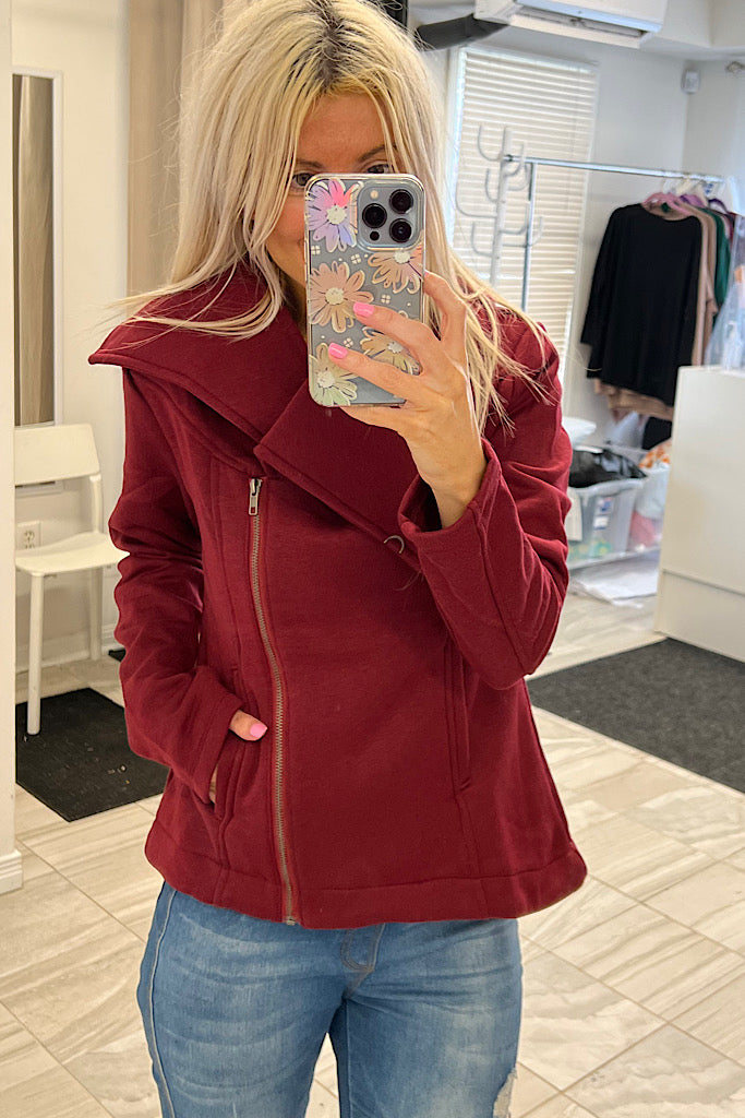 Becky Fall Wine Asymmetric Zipper Bottom Zip Up Jacket-SALE