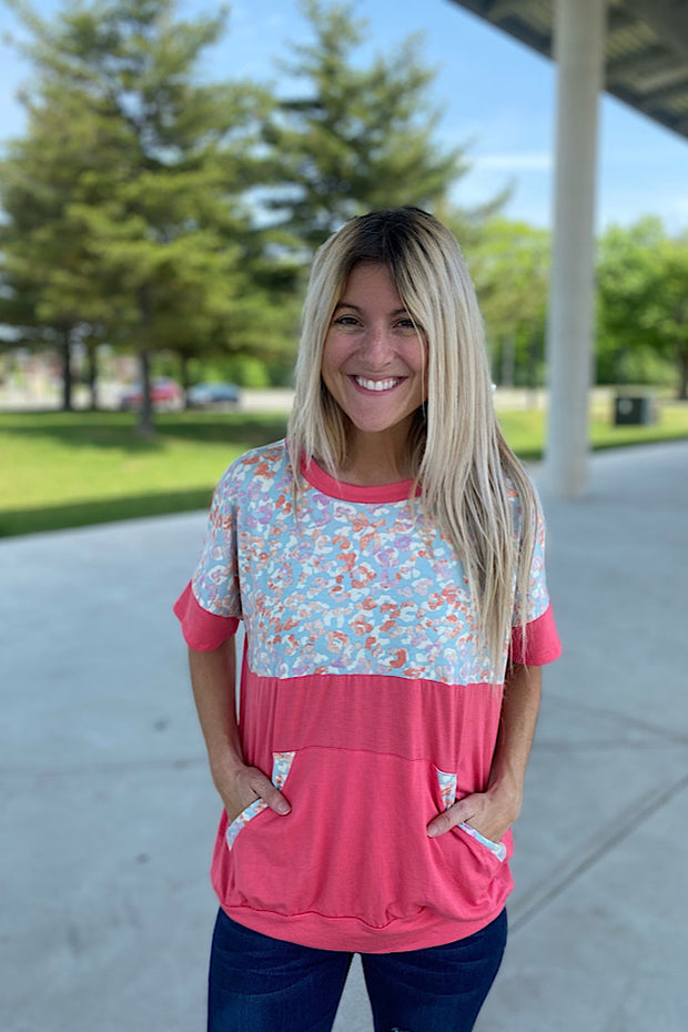 Coral Leopard Kangaroo Pocket Top-SALE
