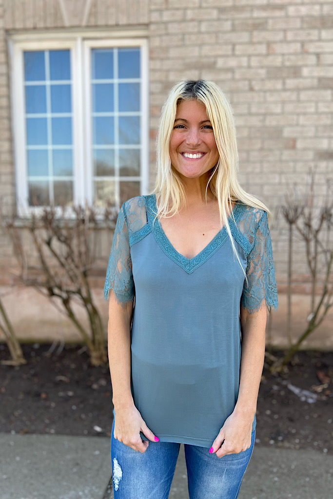Beth Teal Lace Detail Top-SALE