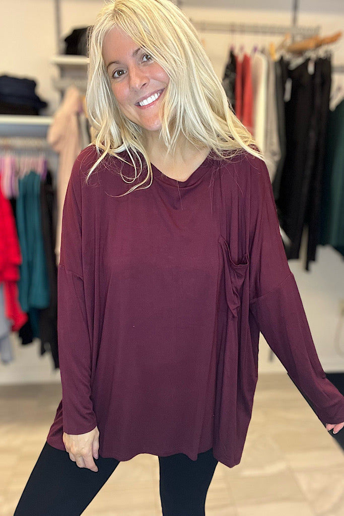 Cozy Boho Burgundy Pocket Top-SALE