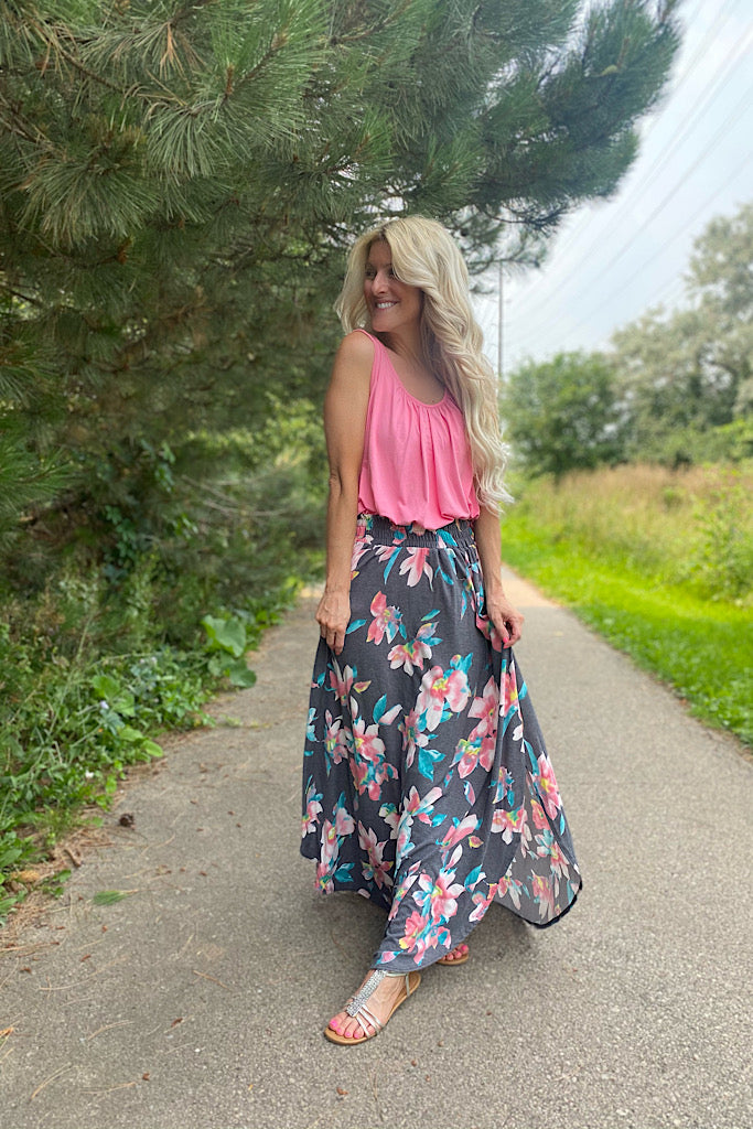 Navy Head Over Heels Floral Maxi Skirt