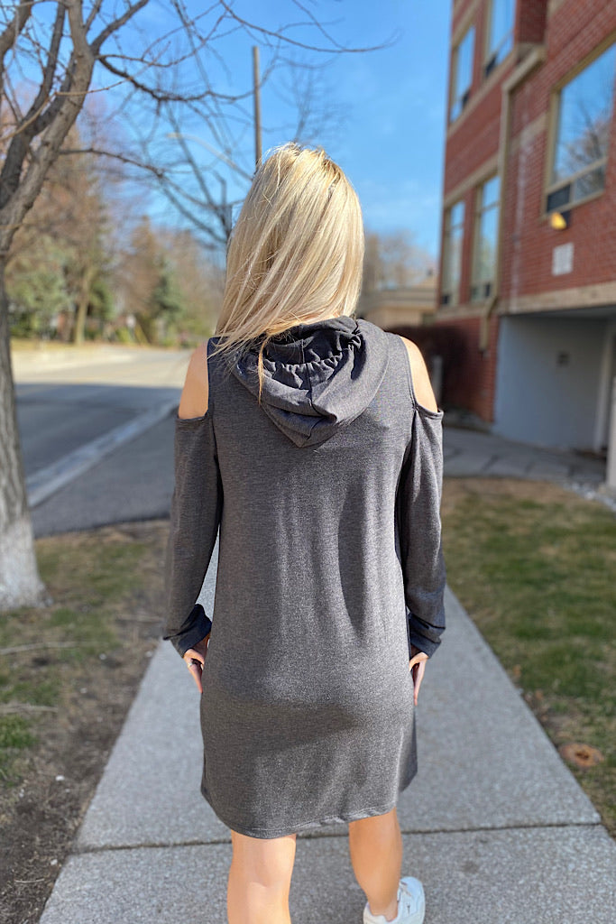 Charcoal Soft Open Shoulder Hoodie Dress-Promo