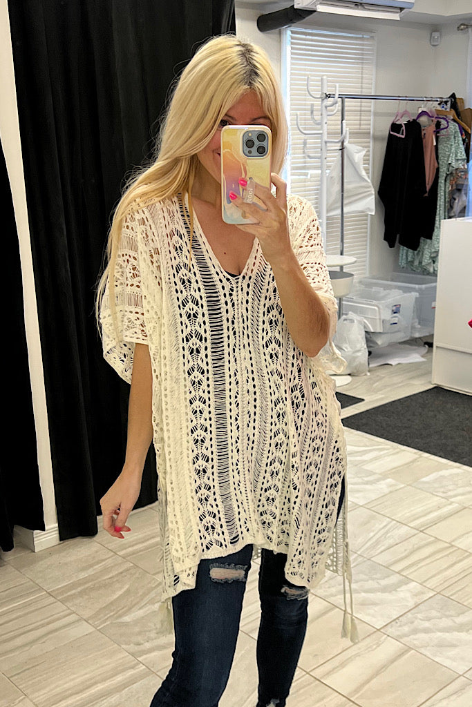 Off White Knitted Boho Cover Up Top