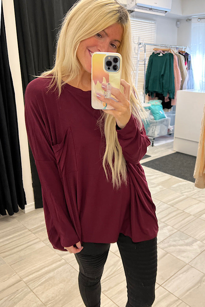 Cozy Boho Burgundy Pocket Top-SALE