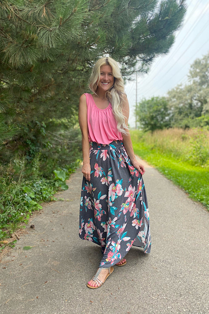 Navy Head Over Heels Floral Maxi Skirt