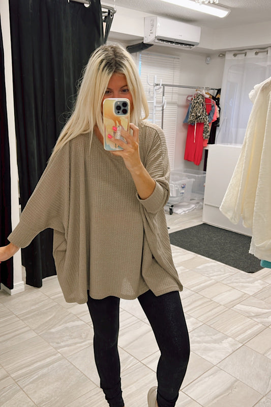 Oversized Dolman Sleeve Taupe Waffle Knit Top