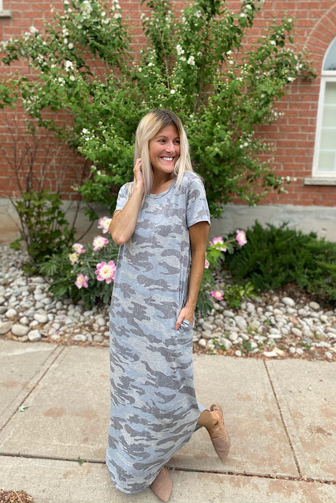 Camo Knit Maxi Dress with Split Hem