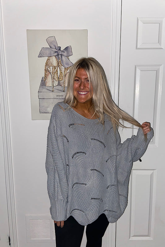 Chunky Batwing Knit Scallop Hem Sweater-Blue Grey