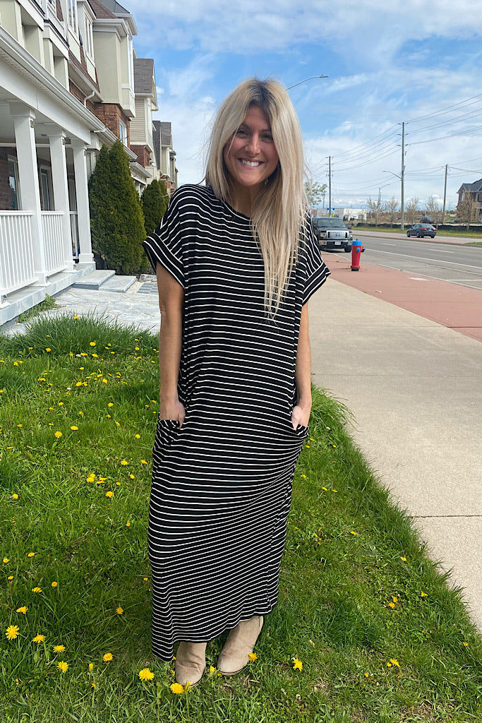Black and White Striped Goddess Midi Dress