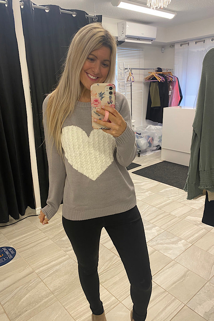 Kind Love Heart Rounded Neck Pullover Sweater-Grey/Ivory