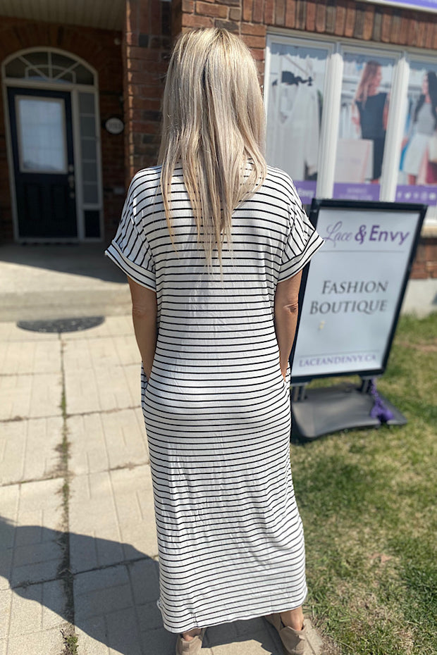 Classic White and Black Striped Goddess Midi Dress