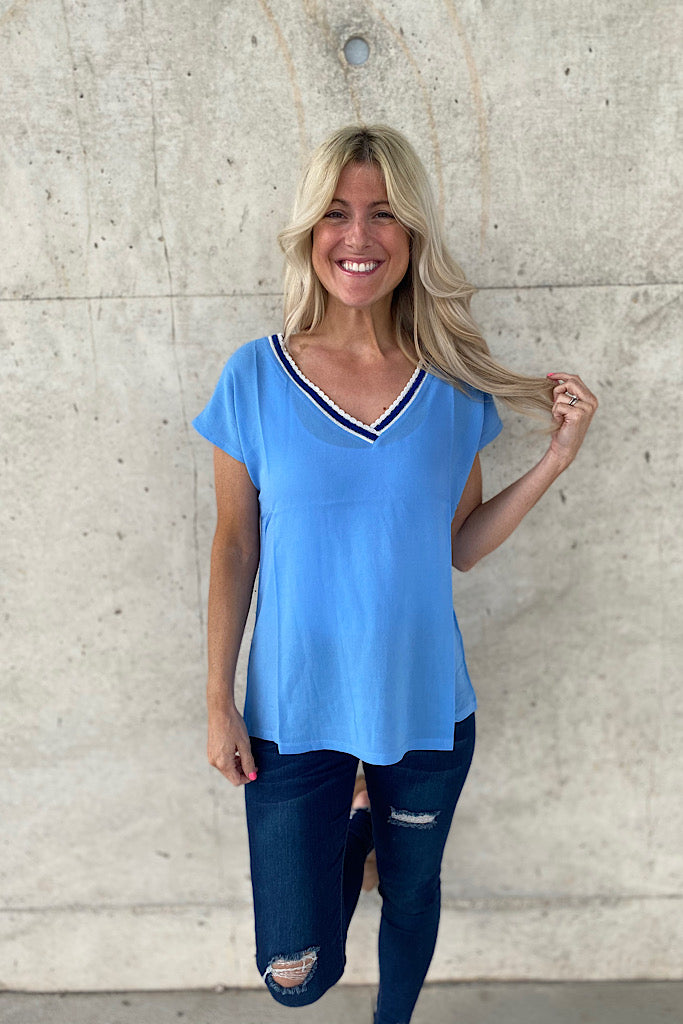 Sia Baby Blue V-Neck Short Sleeve Top-SALE