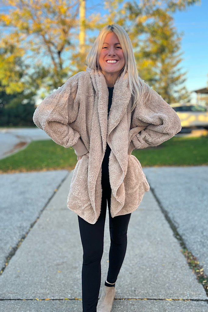 The Bella Faux Fur Plush Teddy Jacket-Taupe