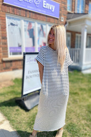 Classic White and Black Striped Goddess Midi Dress