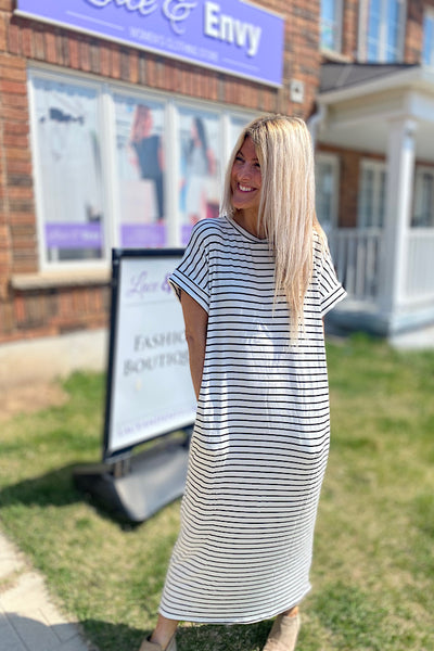 Classic White and Black Striped Goddess Midi Dress