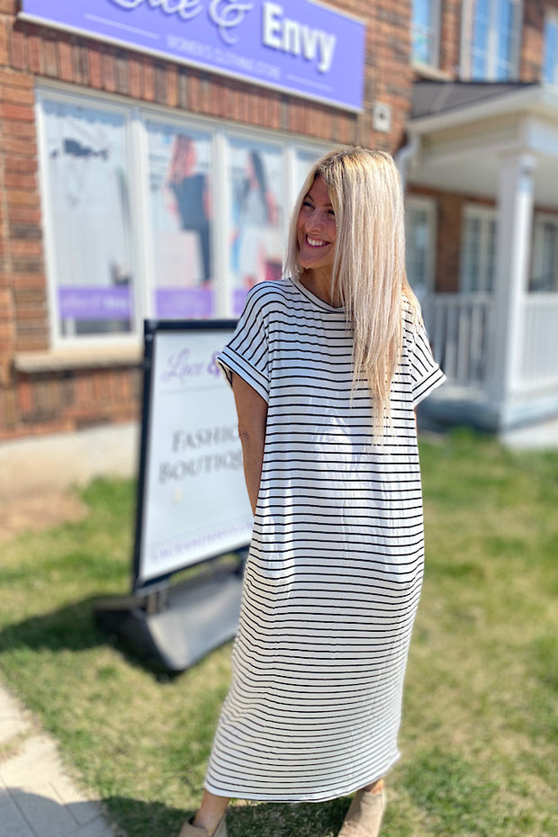 Classic White and Black Striped Goddess Midi Dress