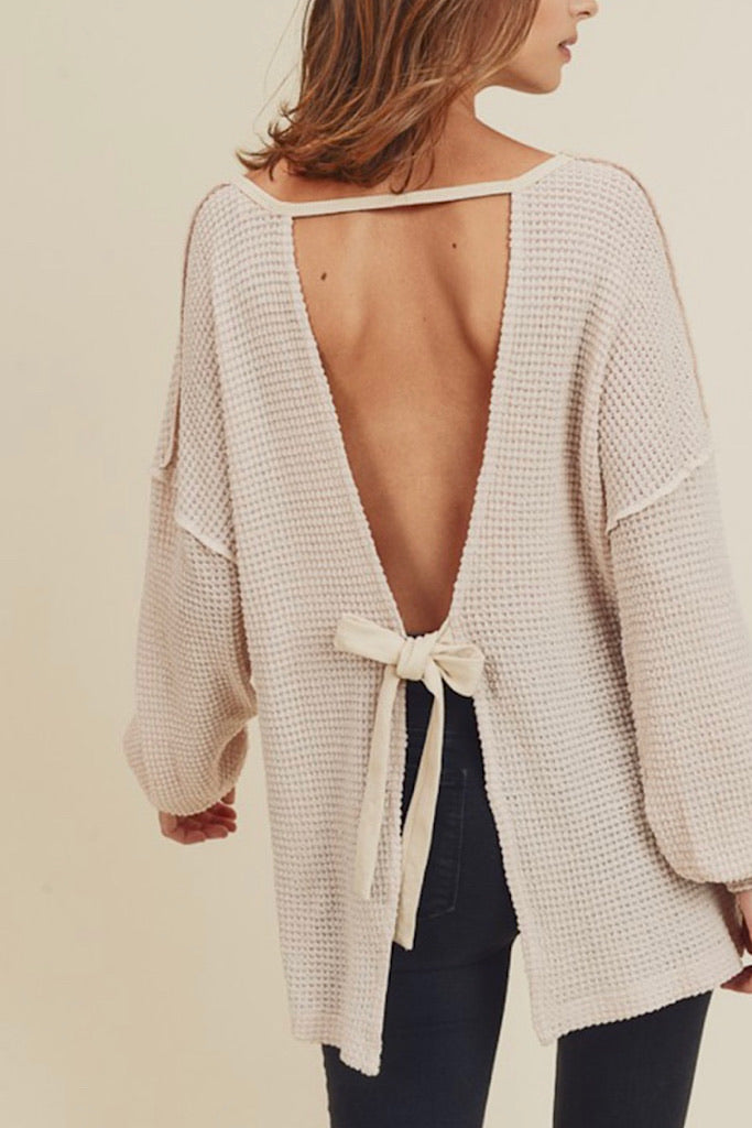 Nude Waffle Spring Sweater Bow Back