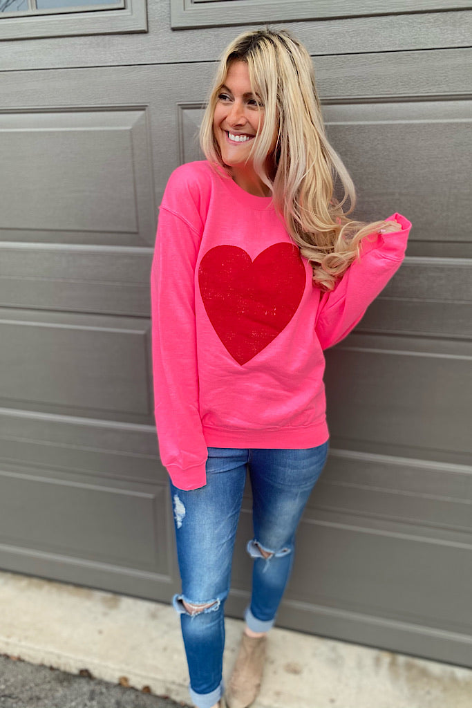 Red Heart Graphic Sweatshirt-Pink