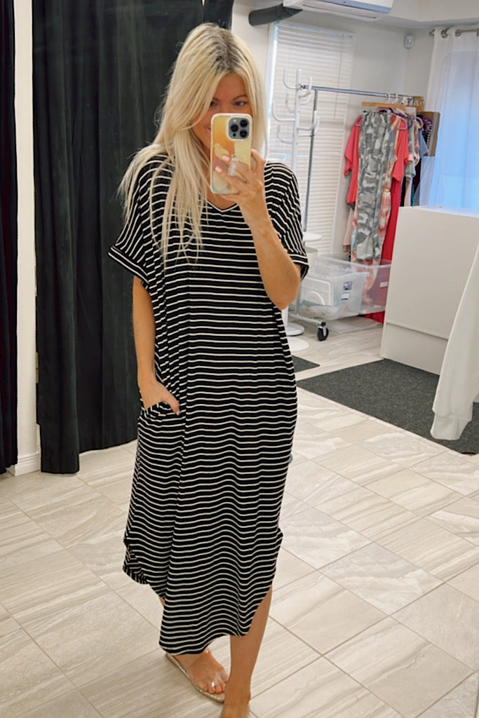 Gorgeous Striped Rib Pocket Dress-SALE
