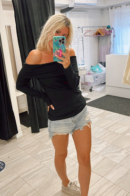 Black Ribbed Off The Shoulder Top-SALE