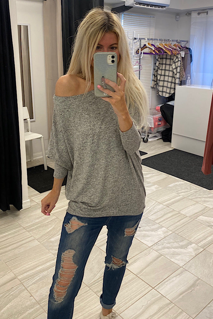 Heather Grey Dolman Long Sleeves Brushed Knit Top