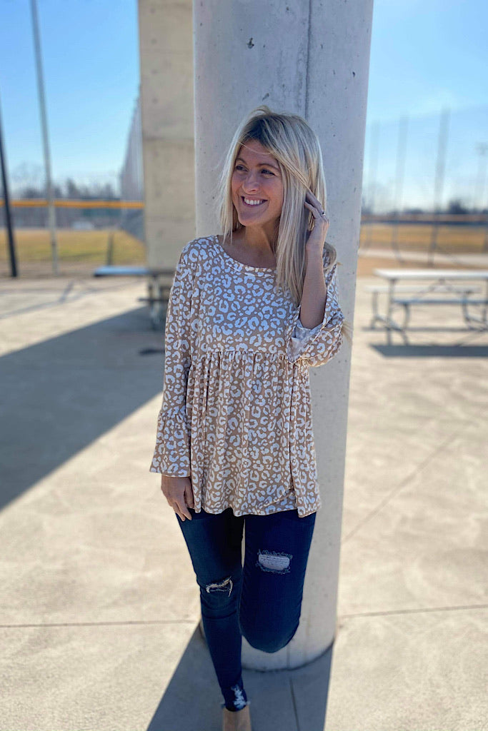 Taupe Soft Animal Print Babydoll Bell Sleeve Top