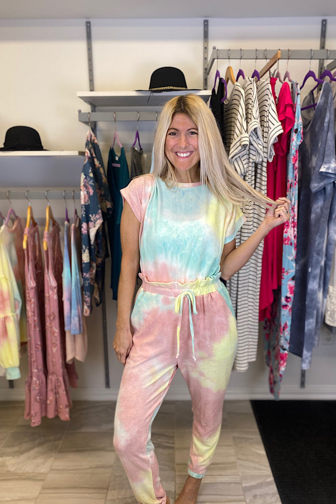 Tie Dye Milkshake Short Sleeves Brushed Knit Jumpsuit-Promo