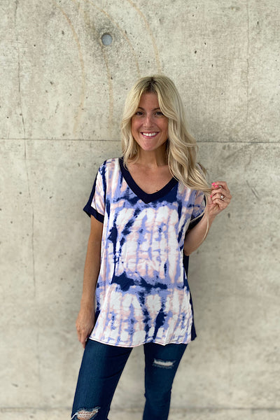Navy Adventure Tie Dye V-Neck Top