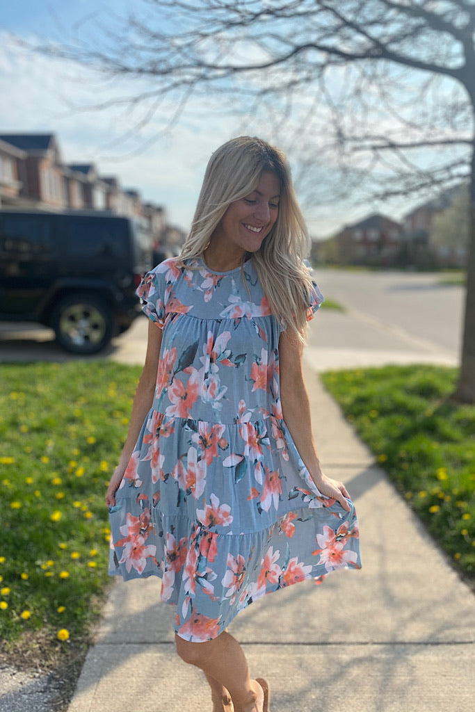 Baby Blue Floral Beauty Tiered Dress