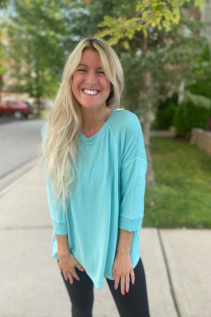 The Tia Aqua Raglan Style Contrast Brushed Knit Top