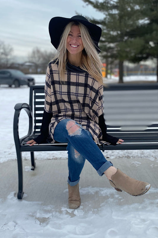 Vintage Plaid Boho Cowl Neck Top-Oatmeal Mix