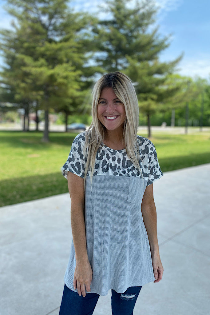 Grey Colour Block Animal Print Top