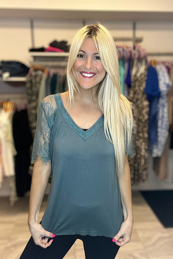 Beth Teal Lace Detail Top-SALE