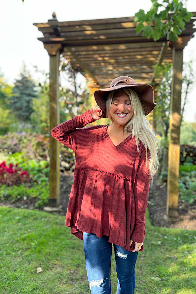 Burgundy Waffle Hooded Peplum Top-Weekend SALE