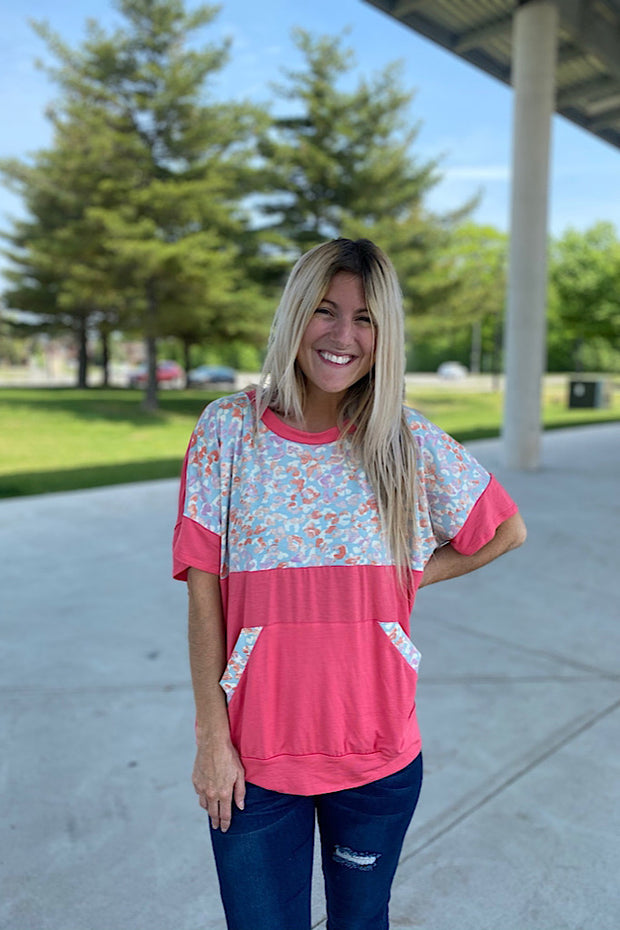 Coral Leopard Kangaroo Pocket Top-SALE