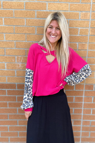 FUCHSIA WAFFLE COLOUR BLOCK ANIMAL TOP