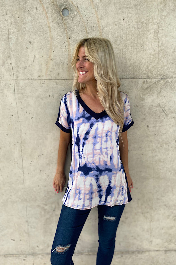 Navy Adventure Tie Dye V-Neck Top