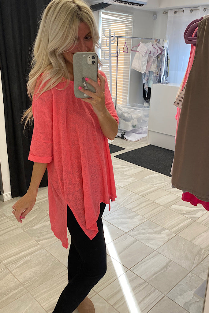 Neon Pink Boho V-Neck Side Slit Top