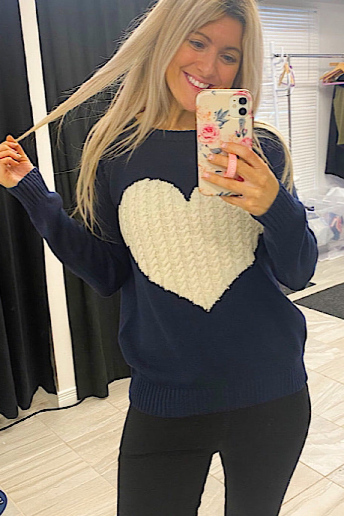 Kind Love Heart Rounded Neck Pullover Sweater-Navy/Ivory