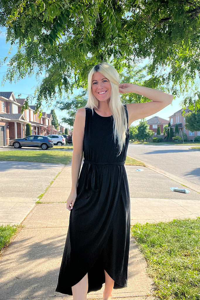 The Michelle Belted Black Tulip Dress