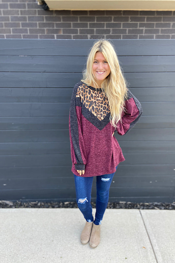 Burgundy Animal Print Colour Block Top