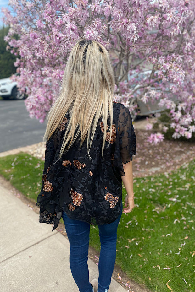 Black Floral Velvet Mix Kimono