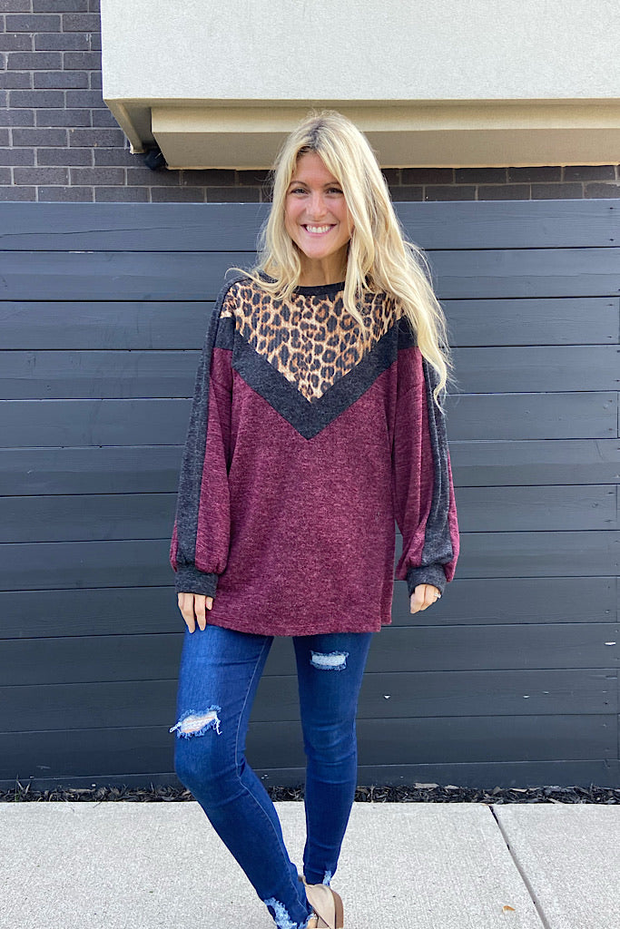 Burgundy Animal Print Colour Block Top