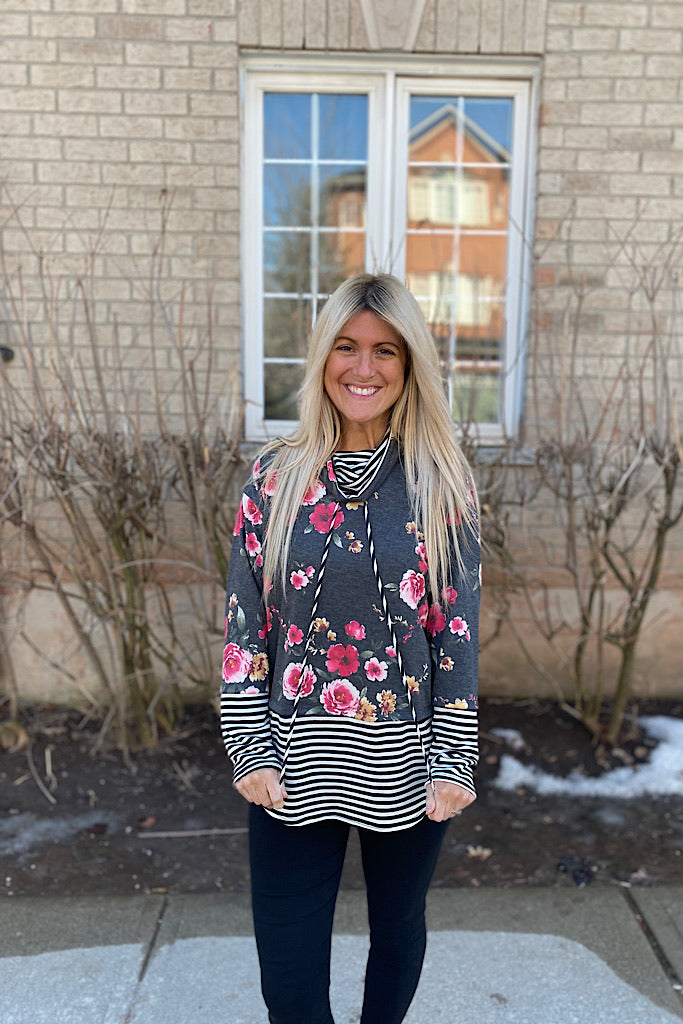 Black Swan Floral Striped Cowl Neck Top