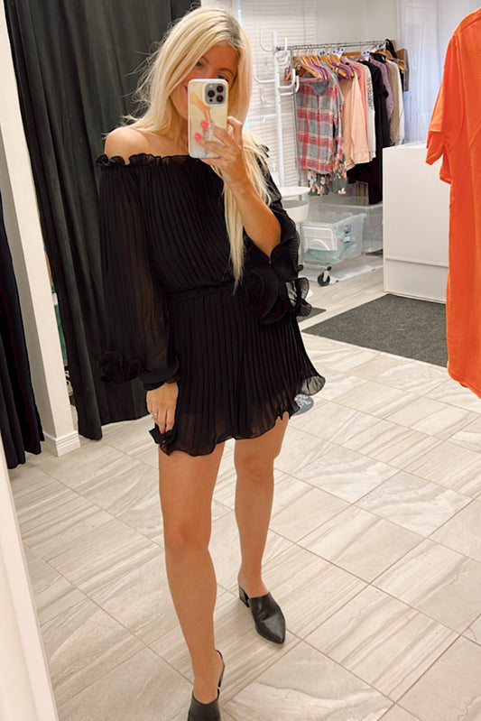 Treat Yourself Elite Black Pleated Ruffle Romper-SALE