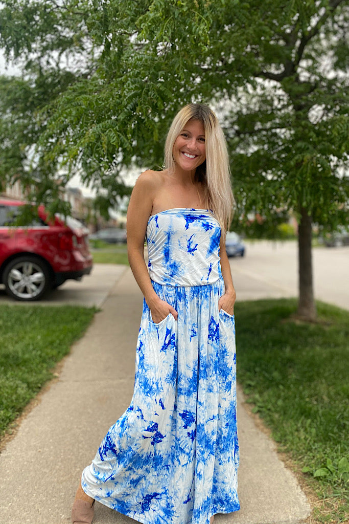 Blue Tie Dye Tube Top Maxi Dress